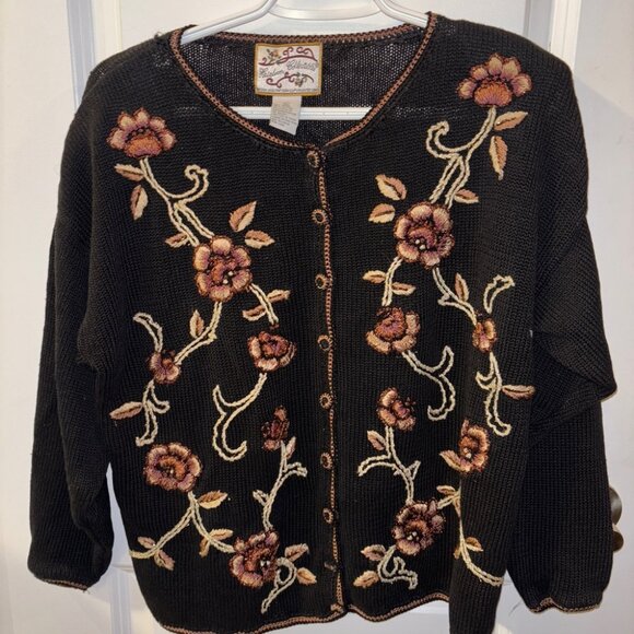 Heirloom Collectibles Cardigan Womens Black Floral Embroidered Buttons Sweater - Picture 5 of 9